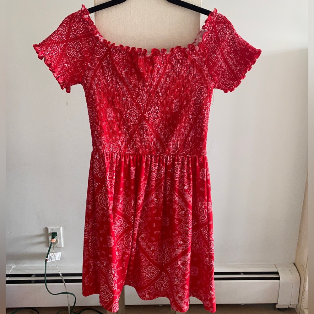 Stella Tweed Bandana Print Smocked Off the Shoulder Dress